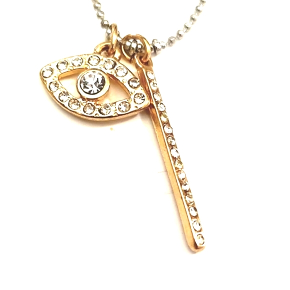 EXPRESS TWO-TONED BALL CHAIN CRYSTAL EVIL EYE AND BAR 16" NECKLACE - Picture 2 of 10